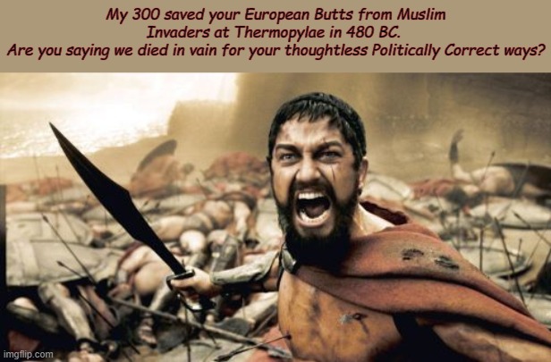 Leonidas says it like it is! | My 300 saved your European Butts from Muslim Invaders at Thermopylae in 480 BC. 
Are you saying we died in vain for your thoughtless Politically Correct ways? | image tagged in memes,sparta leonidas | made w/ Imgflip meme maker
