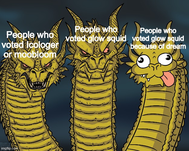 3rd meme about dream rigging the vote | People who voted glow squid; People who voted glow squid because of dream; People who voted Icologer or moobloom | image tagged in king ghidorah | made w/ Imgflip meme maker