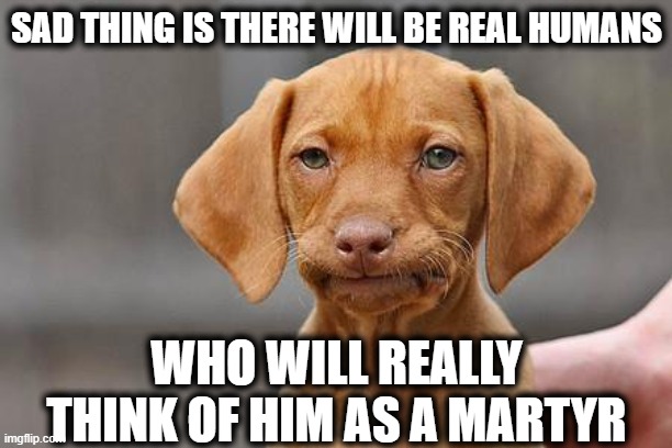Dissapointed puppy | SAD THING IS THERE WILL BE REAL HUMANS WHO WILL REALLY THINK OF HIM AS A MARTYR | image tagged in dissapointed puppy | made w/ Imgflip meme maker