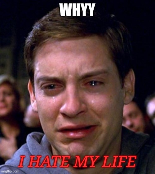 crying peter parker | WHYY I HATE MY LIFE | image tagged in crying peter parker | made w/ Imgflip meme maker