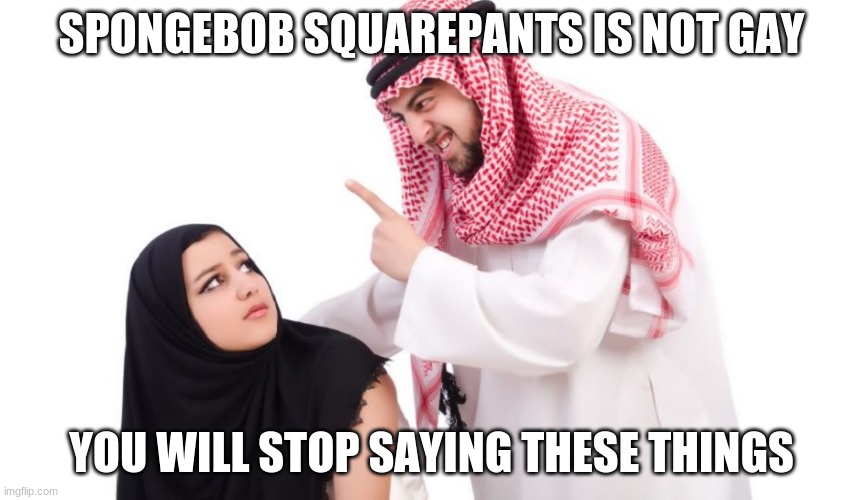 It is hard to discuss some topics peacefully | SPONGEBOB SQUAREPANTS IS NOT GAY; YOU WILL STOP SAYING THESE THINGS | image tagged in islam,spongebob squarepants is not gay,who really cares,ok i liked the picture so i made a meme,listen you,just for fun | made w/ Imgflip meme maker