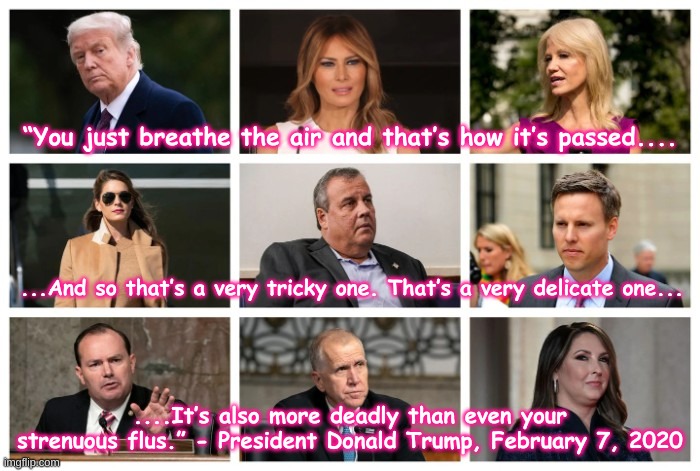 Trump COVID-19 comment on 7FEB20 | “You just breathe the air and that’s how it’s passed.... ...And so that’s a very tricky one. That’s a very delicate one... ....It’s also more deadly than even your strenuous flus.” - President Donald Trump, February 7, 2020 | image tagged in trump staff infected covid-19 | made w/ Imgflip meme maker