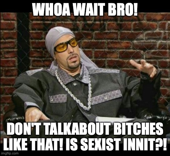 Don be sexist Bro | WHOA WAIT BRO! DON'T TALKABOUT BITCHES LIKE THAT! IS SEXIST INNIT?! | image tagged in ali g | made w/ Imgflip meme maker