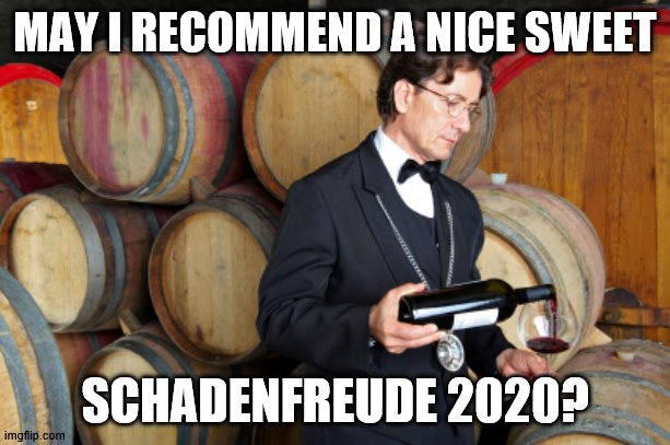 SCHADENFREUDE 2020 | MAY I RECOMMEND A NICE SWEET; SCHADENFREUDE 2020? | image tagged in sommelier | made w/ Imgflip meme maker