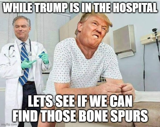 Is Trump really sick ? Or is he FAKING it? | WHILE TRUMP IS IN THE HOSPITAL; LETS SEE IF WE CAN FIND THOSE BONE SPURS | image tagged in bone spurs,liar,pandemic,covid-19,coronavirus,super spreader event | made w/ Imgflip meme maker