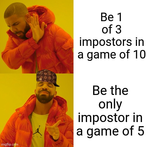 Impostors in among us be like... | Be 1 of 3 impostors in a game of 10; Be the only impostor in a game of 5 | image tagged in memes,among us | made w/ Imgflip meme maker