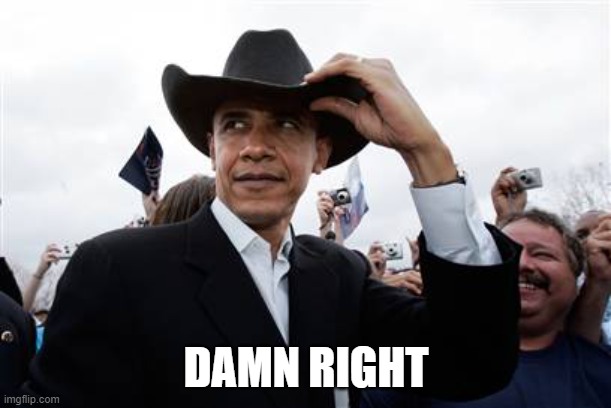 Obama Cowboy Hat Meme | DAMN RIGHT | image tagged in memes,obama cowboy hat | made w/ Imgflip meme maker