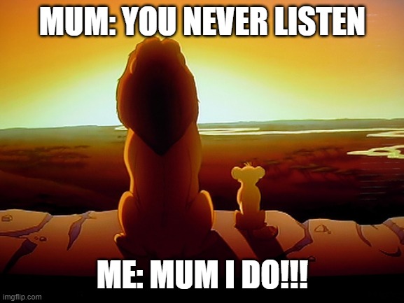 lion king mum and me | MUM: YOU NEVER LISTEN; ME: MUM I DO!!! | image tagged in memes,lion king | made w/ Imgflip meme maker