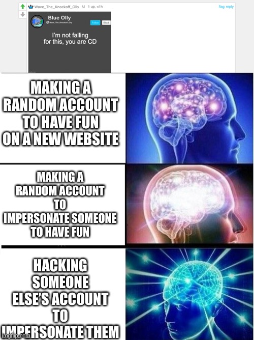 Have a humorous image with text | MAKING A RANDOM ACCOUNT TO HAVE FUN ON A NEW WEBSITE; MAKING A RANDOM ACCOUNT TO IMPERSONATE SOMEONE TO HAVE FUN; HACKING SOMEONE ELSE’S ACCOUNT TO IMPERSONATE THEM | image tagged in expanding brain 3 panels | made w/ Imgflip meme maker