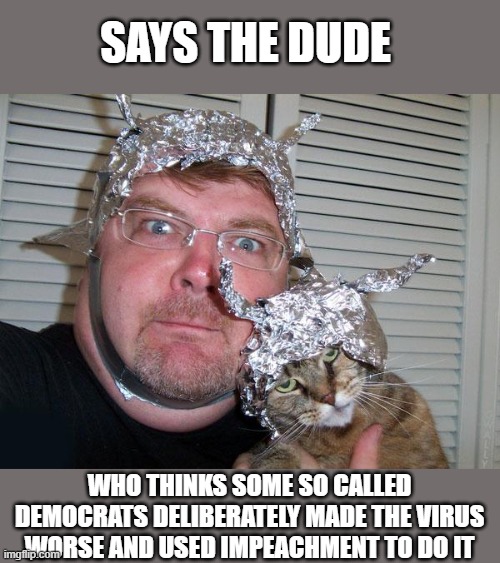 tin foil hat | SAYS THE DUDE WHO THINKS SOME SO CALLED DEMOCRATS DELIBERATELY MADE THE VIRUS WORSE AND USED IMPEACHMENT TO DO IT | image tagged in tin foil hat | made w/ Imgflip meme maker