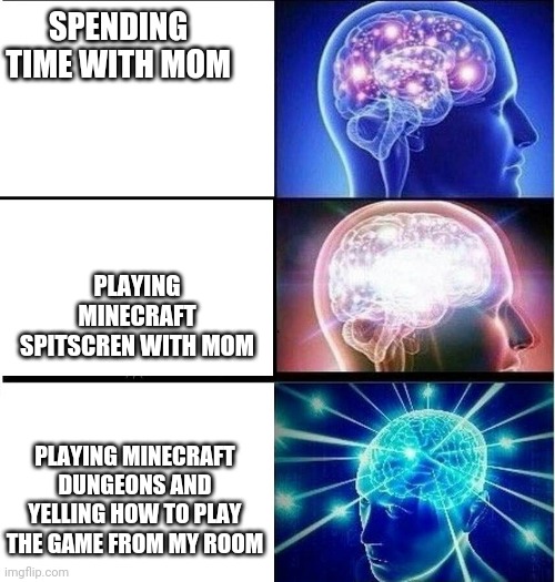 Need to get to 10000 points | SPENDING TIME WITH MOM; PLAYING MINECRAFT SPITSCREN WITH MOM; PLAYING MINECRAFT DUNGEONS AND YELLING HOW TO PLAY THE GAME FROM MY ROOM | image tagged in expanding brain 3 panels,minecraft | made w/ Imgflip meme maker
