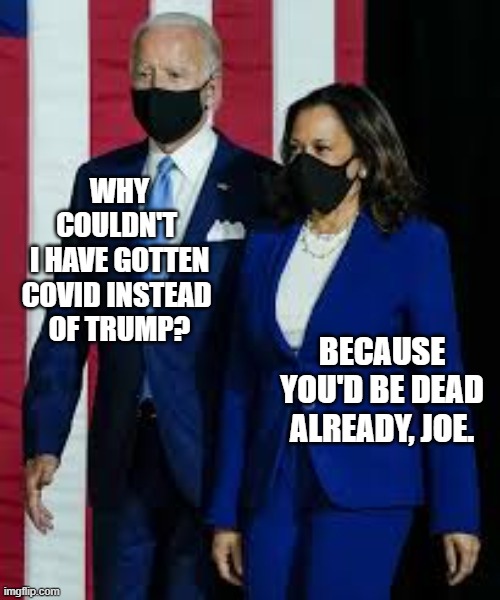 Sympathy for the Devil | WHY COULDN'T 
I HAVE GOTTEN COVID INSTEAD 
OF TRUMP? BECAUSE YOU'D BE DEAD ALREADY, JOE. | image tagged in covid19,biden,harris,trump | made w/ Imgflip meme maker