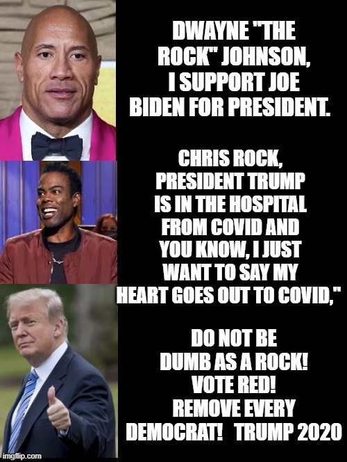 Do Not Be Dumb As A Rock! | CHRIS ROCK, PRESIDENT TRUMP IS IN THE HOSPITAL FROM COVID AND YOU KNOW, I JUST WANT TO SAY MY HEART GOES OUT TO COVID," | image tagged in stupid liberals,chris rock,democrats,the rock | made w/ Imgflip meme maker