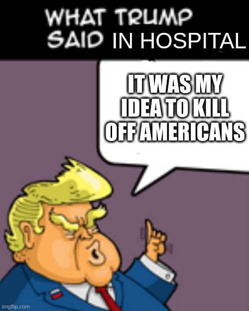 911trump | IN HOSPITAL IT WAS MY IDEA TO KILL OFF AMERICANS | image tagged in 911trump | made w/ Imgflip meme maker