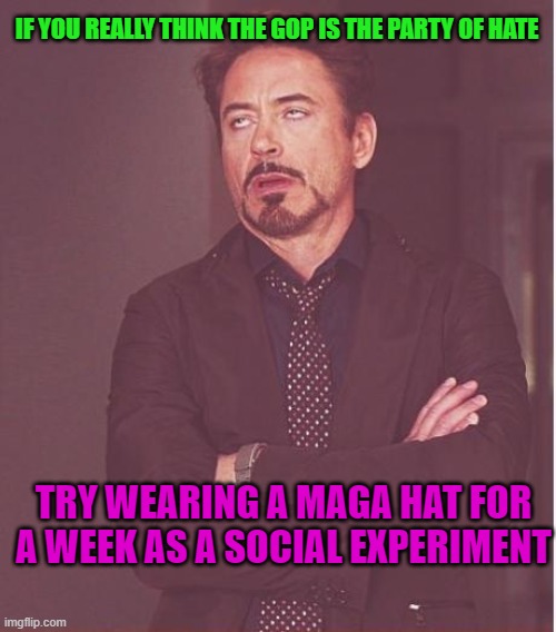 #WalkAway from the party of hate | IF YOU REALLY THINK THE GOP IS THE PARTY OF HATE; TRY WEARING A MAGA HAT FOR A WEEK AS A SOCIAL EXPERIMENT | image tagged in memes,face you make robert downey jr,maga,trump 2020 | made w/ Imgflip meme maker