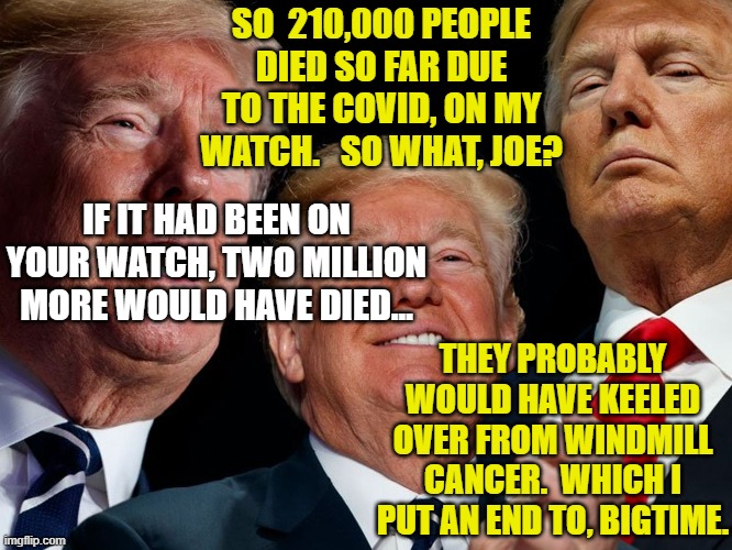 Trump, Biden and Covid-19 | SO  210,000 PEOPLE DIED SO FAR DUE TO THE COVID, ON MY WATCH.   SO WHAT, JOE? IF IT HAD BEEN ON YOUR WATCH, TWO MILLION MORE WOULD HAVE DIED…; THEY PROBABLY WOULD HAVE KEELED OVER FROM WINDMILL CANCER.  WHICH I PUT AN END TO, BIGTIME. | image tagged in covid-19,president trump,donald trump approves,joe biden,covidiots | made w/ Imgflip meme maker