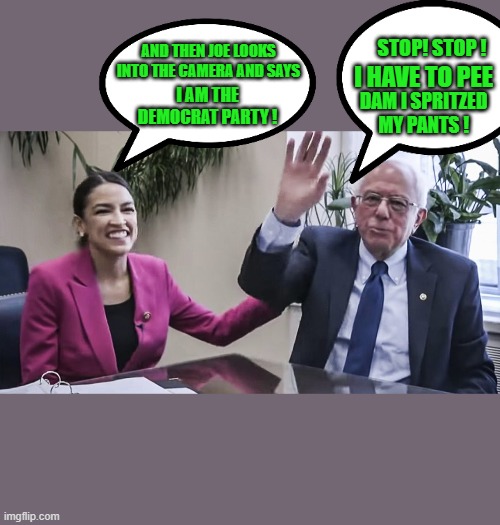 yep | STOP! STOP ! AND THEN JOE LOOKS INTO THE CAMERA AND SAYS; I HAVE TO PEE; I AM THE DEMOCRAT PARTY ! DAM I SPRITZED MY PANTS ! | image tagged in aoc,bernie sanders,joe biden,communism,2020 elections | made w/ Imgflip meme maker