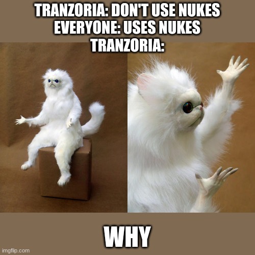 Persian Cat Room Guardian Meme | TRANZORIA: DON'T USE NUKES
EVERYONE: USES NUKES
TRANZORIA:; WHY | image tagged in memes,persian cat room guardian | made w/ Imgflip meme maker