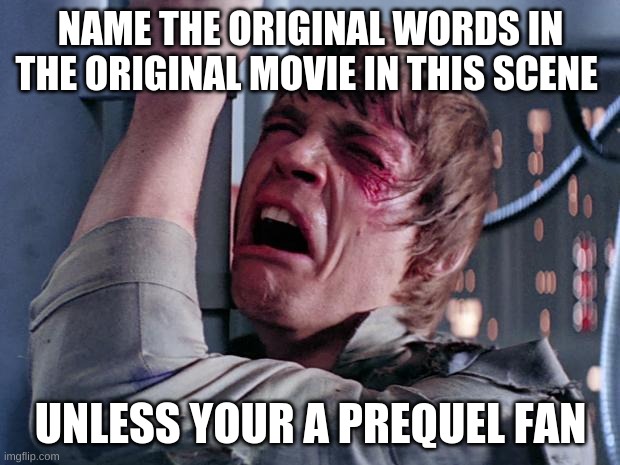 luke nooooo | NAME THE ORIGINAL WORDS IN THE ORIGINAL MOVIE IN THIS SCENE UNLESS YOUR A PREQUEL FAN | image tagged in luke nooooo | made w/ Imgflip meme maker