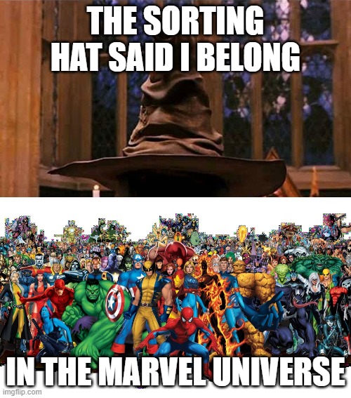 Sorting Hat and the Marvel Universe | THE SORTING HAT SAID I BELONG; IN THE MARVEL UNIVERSE | image tagged in sorting hat,marvel universe | made w/ Imgflip meme maker