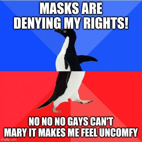 Socially Awkward Awesome Penguin Meme | MASKS ARE DENYING MY RIGHTS! NO NO NO GAYS CAN'T MARY IT MAKES ME FEEL UNCOMFY | image tagged in memes,socially awkward awesome penguin | made w/ Imgflip meme maker