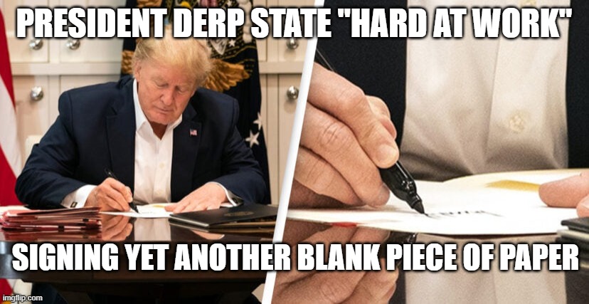 PRESIDENT DERP STATE "HARD AT WORK"; SIGNING YET ANOTHER BLANK PIECE OF PAPER | made w/ Imgflip meme maker