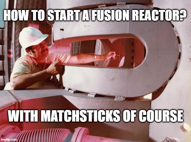 Starting a fusion reactor | HOW TO START A FUSION REACTOR? WITH MATCHSTICKS OF COURSE | image tagged in physics,fusion,renewable energy | made w/ Imgflip meme maker