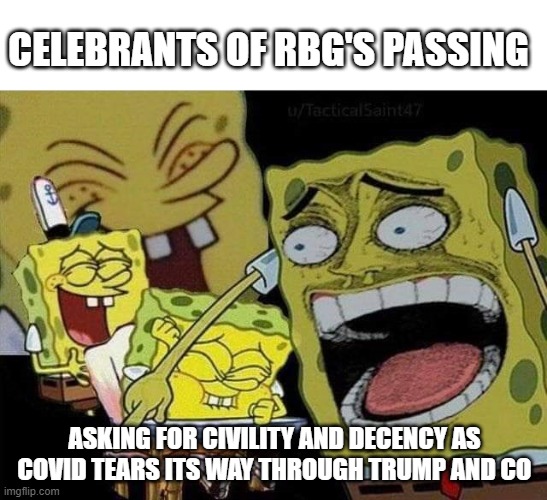 it is what it is | CELEBRANTS OF RBG'S PASSING; ASKING FOR CIVILITY AND DECENCY AS COVID TEARS ITS WAY THROUGH TRUMP AND CO | image tagged in spongebob laughing | made w/ Imgflip meme maker