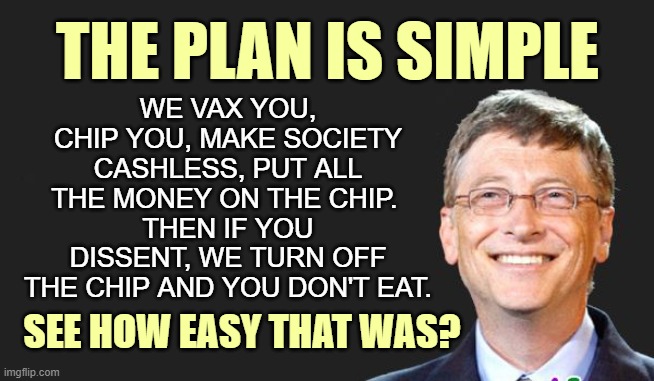 When corporate and government bureaucracy join forces. | WE VAX YOU, CHIP YOU, MAKE SOCIETY CASHLESS, PUT ALL THE MONEY ON THE CHIP. 
THEN IF YOU DISSENT, WE TURN OFF THE CHIP AND YOU DON'T EAT. THE PLAN IS SIMPLE; SEE HOW EASY THAT WAS? | image tagged in surveillance,bill gates,nwo police state | made w/ Imgflip meme maker