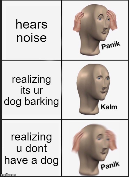 Panik Kalm Panik Meme | hears noise; realizing its ur dog barking; realizing u dont have a dog | image tagged in memes,panik kalm panik | made w/ Imgflip meme maker