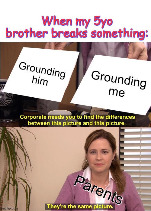 They're The Same Picture Meme | Grounding him Grounding me Parents When my 5yo brother breaks something: | image tagged in memes,they're the same picture | made w/ Imgflip meme maker