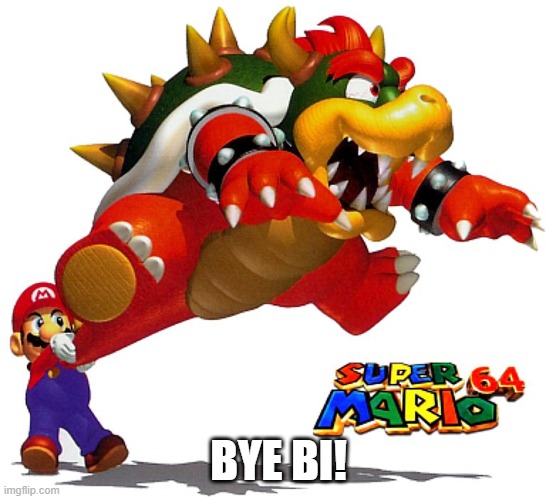 Mario swinging Bowser | BYE BI! | image tagged in mario swinging bowser | made w/ Imgflip meme maker