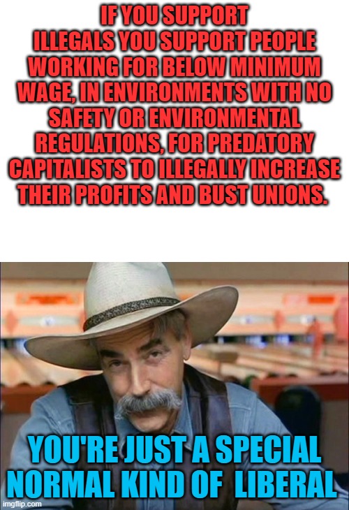 IF YOU SUPPORT ILLEGALS YOU SUPPORT PEOPLE WORKING FOR BELOW MINIMUM WAGE, IN ENVIRONMENTS WITH NO SAFETY OR ENVIRONMENTAL REGULATIONS, FOR PREDATORY CAPITALISTS TO ILLEGALLY INCREASE THEIR PROFITS AND BUST UNIONS. YOU'RE JUST A SPECIAL NORMAL KIND OF  LIBERAL | image tagged in blank white template,sam elliott special kind of stupid | made w/ Imgflip meme maker