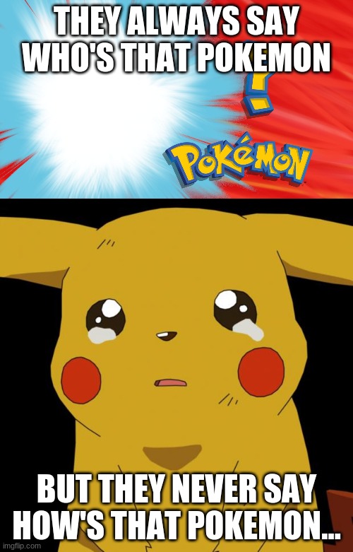 Never... |  THEY ALWAYS SAY WHO'S THAT POKEMON; BUT THEY NEVER SAY HOW'S THAT POKEMON... | image tagged in pikachu crying,who's that pokemon | made w/ Imgflip meme maker