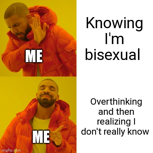 Drake Hotline Bling Meme | Knowing I'm bisexual; ME; Overthinking and then realizing I don't really know; ME | image tagged in memes,drake hotline bling | made w/ Imgflip meme maker