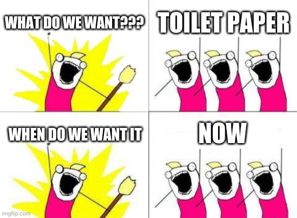What Do We Want | WHAT DO WE WANT??? TOILET PAPER; NOW; WHEN DO WE WANT IT | image tagged in memes,what do we want | made w/ Imgflip meme maker