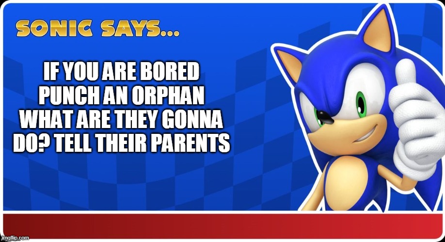 Sonic | IF YOU ARE BORED PUNCH AN ORPHAN WHAT ARE THEY GONNA DO? TELL THEIR PARENTS | image tagged in sonic | made w/ Imgflip meme maker