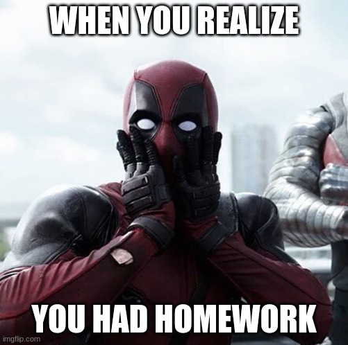 Deadpool Surprised Meme | WHEN YOU REALIZE; YOU HAD HOMEWORK | image tagged in memes,deadpool surprised | made w/ Imgflip meme maker
