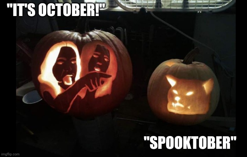 THE CAT IS RIGHT | "IT'S OCTOBER!"; "SPOOKTOBER" | image tagged in spooktober,october,two women yelling at a cat,woman yelling at cat,pumpkins | made w/ Imgflip meme maker