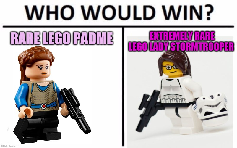 Lego girl faceoff | EXTREMELY RARE LEGO LADY STORMTROOPER; RARE LEGO PADME | image tagged in memes,who would win,starwars,lego star wars,face off | made w/ Imgflip meme maker