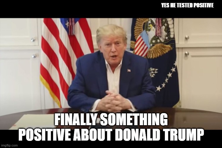 finally | YES HE TESTED POSITIVE; FINALLY SOMETHING POSITIVE ABOUT DONALD TRUMP | image tagged in donald trump | made w/ Imgflip meme maker