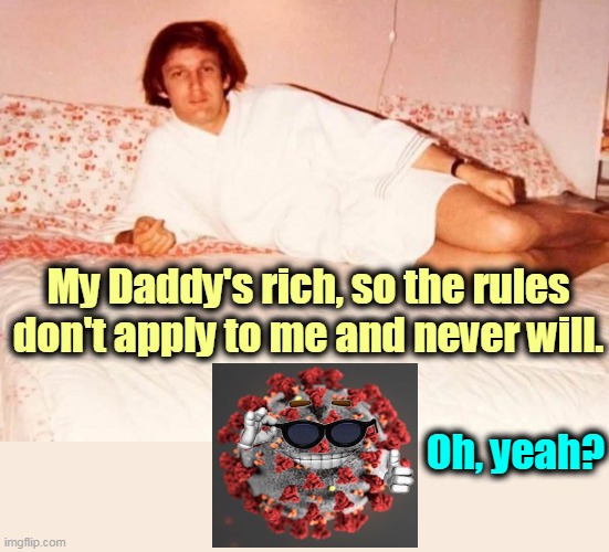 The virus is unimpressed. So are the aerosols. | My Daddy's rich, so the rules don't apply to me and never will. Oh, yeah? | image tagged in young preppy insolent trump in bathrobe,trump,spoiled brat,infant,sick,hospital | made w/ Imgflip meme maker