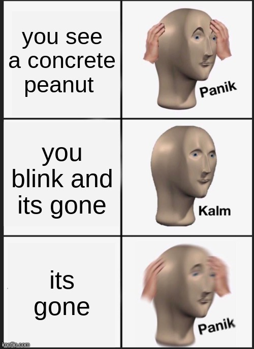 scp meme | you see a concrete peanut; you blink and its gone; its gone | image tagged in memes,panik kalm panik | made w/ Imgflip meme maker