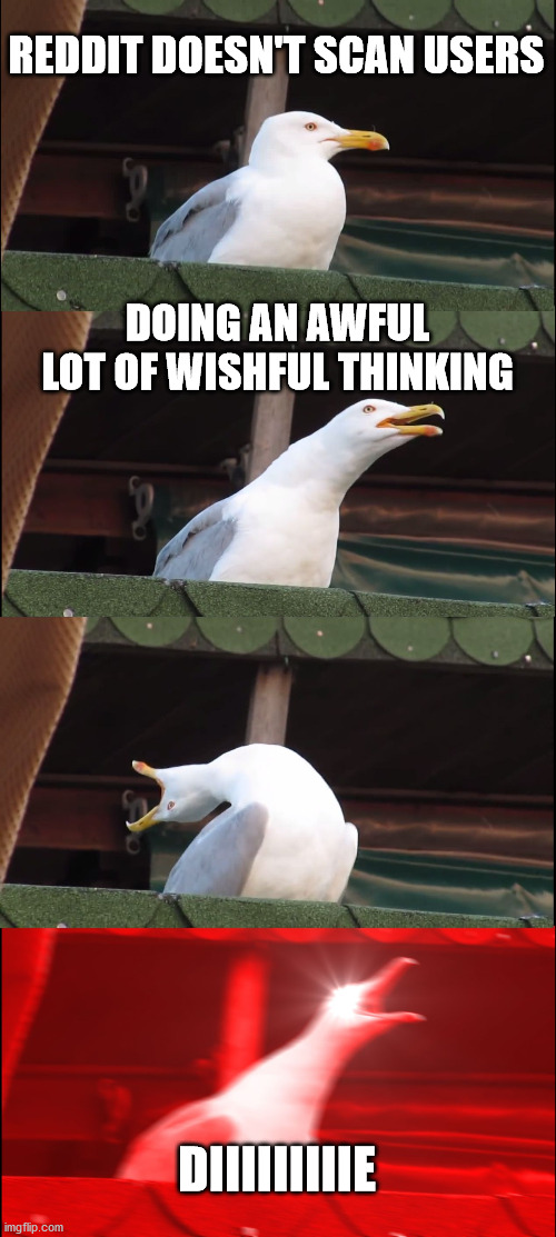 Inhaling Seagull Meme | REDDIT DOESN'T SCAN USERS; DOING AN AWFUL LOT OF WISHFUL THINKING; DIIIIIIIIIE | image tagged in memes,inhaling seagull | made w/ Imgflip meme maker