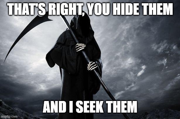 Death | THAT'S RIGHT, YOU HIDE THEM AND I SEEK THEM | image tagged in death | made w/ Imgflip meme maker