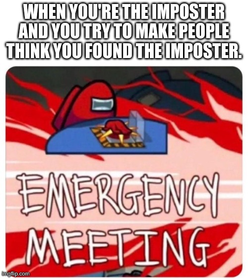 Emergency Meeting Among Us | WHEN YOU'RE THE IMPOSTER AND YOU TRY TO MAKE PEOPLE THINK YOU FOUND THE IMPOSTER. | image tagged in emergency meeting among us | made w/ Imgflip meme maker