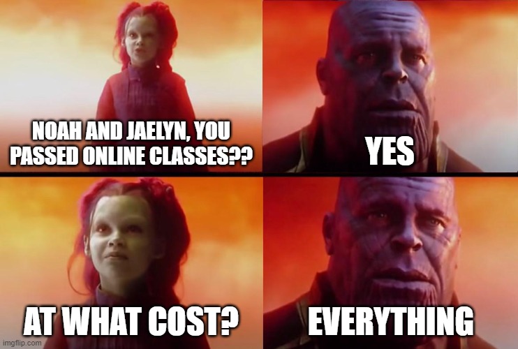 online classes are killer | NOAH AND JAELYN, YOU PASSED ONLINE CLASSES?? YES; AT WHAT COST? EVERYTHING | image tagged in thanos what did it cost | made w/ Imgflip meme maker