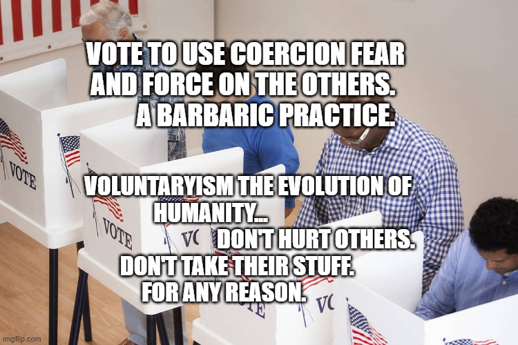 voting booth | VOTE TO USE COERCION FEAR AND FORCE ON THE OTHERS. 
          A BARBARIC PRACTICE. VOLUNTARYISM THE EVOLUTION OF HUMANITY...                 
                               DON'T HURT OTHERS.      DON'T TAKE THEIR STUFF.                 FOR ANY REASON. | image tagged in voting booth | made w/ Imgflip meme maker