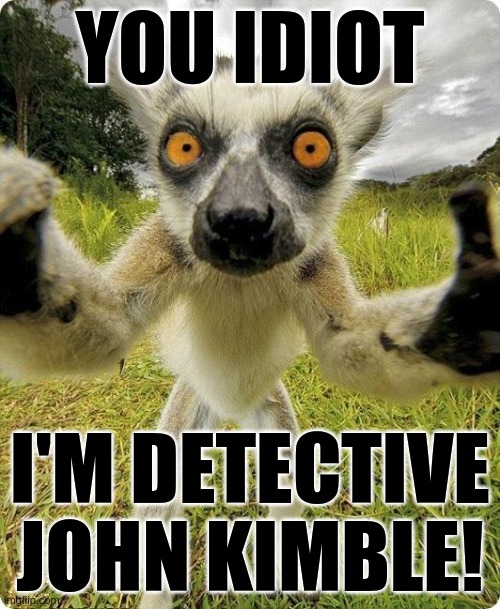 Lemur Schwarzenegger | YOU IDIOT; I'M DETECTIVE JOHN KIMBLE! | image tagged in lemur in ur face | made w/ Imgflip meme maker
