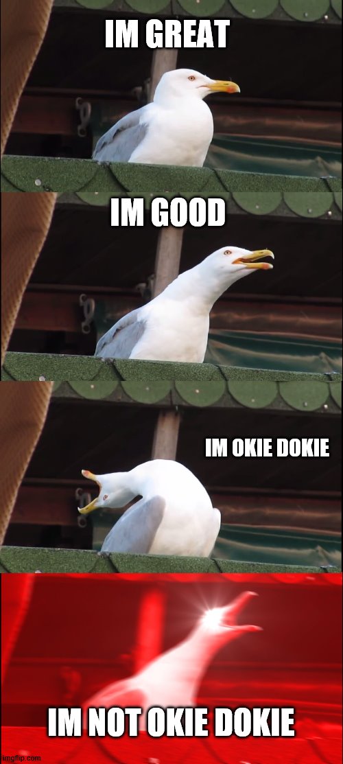 NOT OKIE DOKIE | IM GREAT; IM GOOD; IM OKIE DOKIE; IM NOT OKIE DOKIE | image tagged in memes,inhaling seagull | made w/ Imgflip meme maker